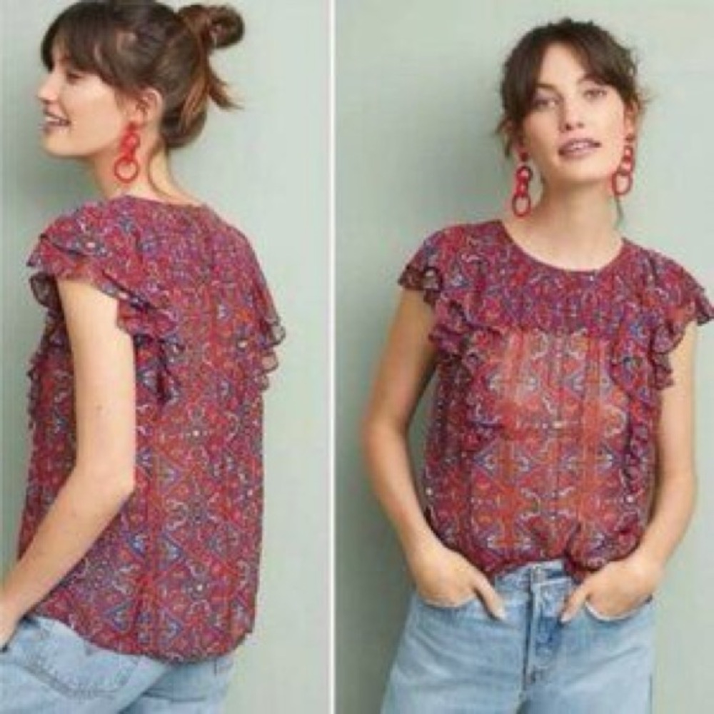 Anthropologie Meadow Rue Ruffle Sleeve Sheer Top Boho Geometric Print Women’s 4
